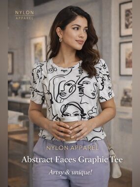 Nylon Apparel Abstract Faces Graphic Tee White Black Top